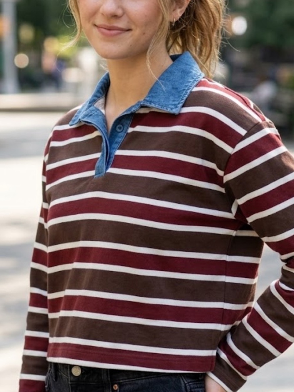 SUNDRY ' Striped Rugby Polo Shirt with Denim Collar - Brown & Maroon! New! S